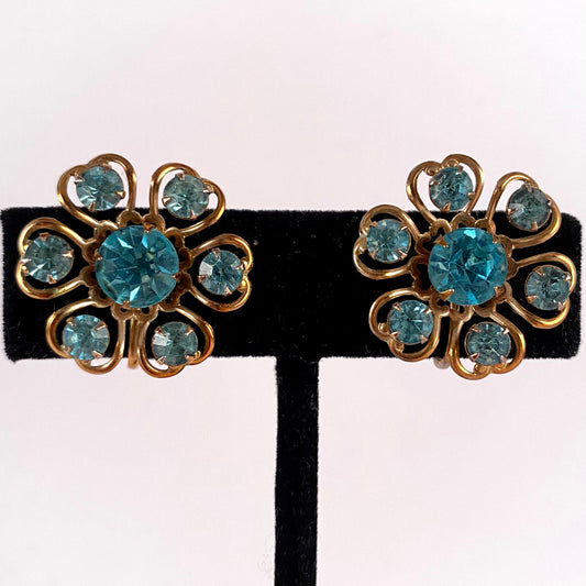 1950s Blue Rhinestone Flower Earrings
