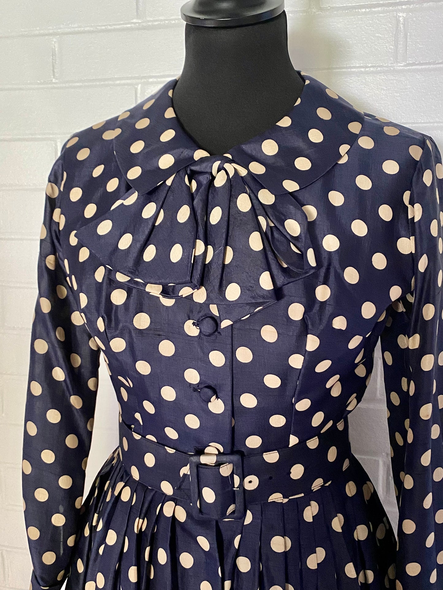 Late 50s/ Early 60s Navy & Tan Polka Dot Silk Dress