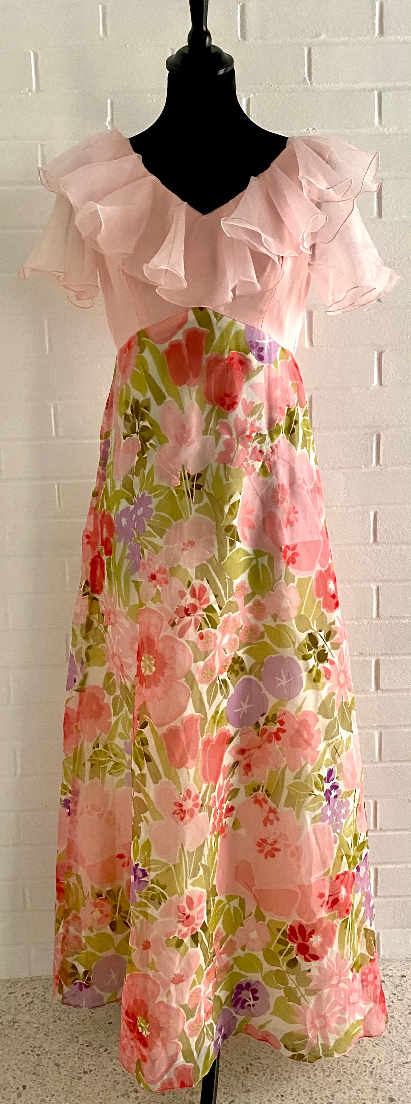 1960s Montgomery Ward Flocked Organza Maxi Dress