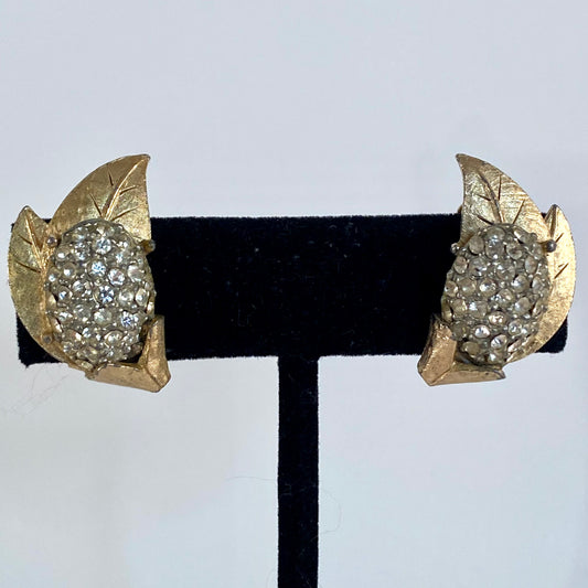 1960s BSK Rhinestone Leaf Earrings