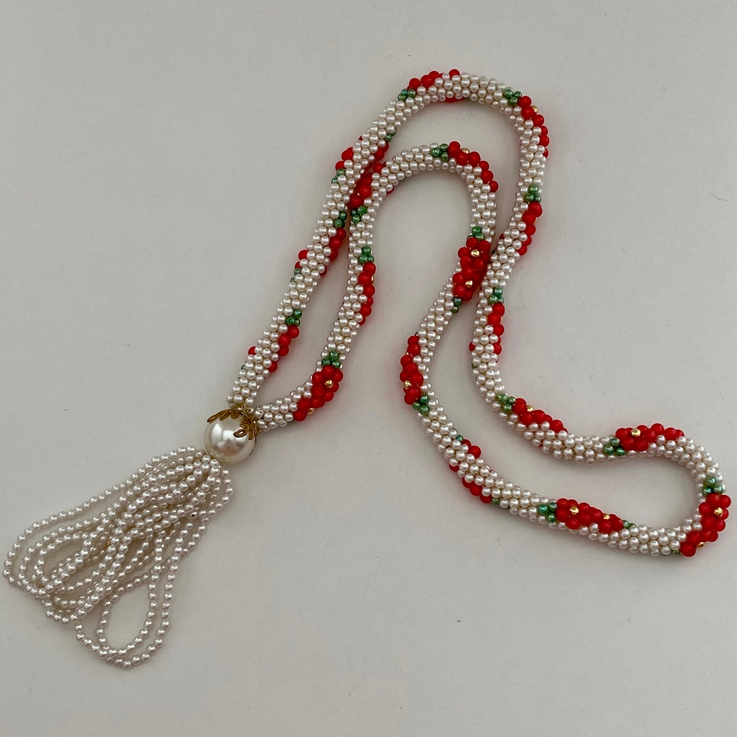 1960s Woven Pearl Bead Necklace With Tassel