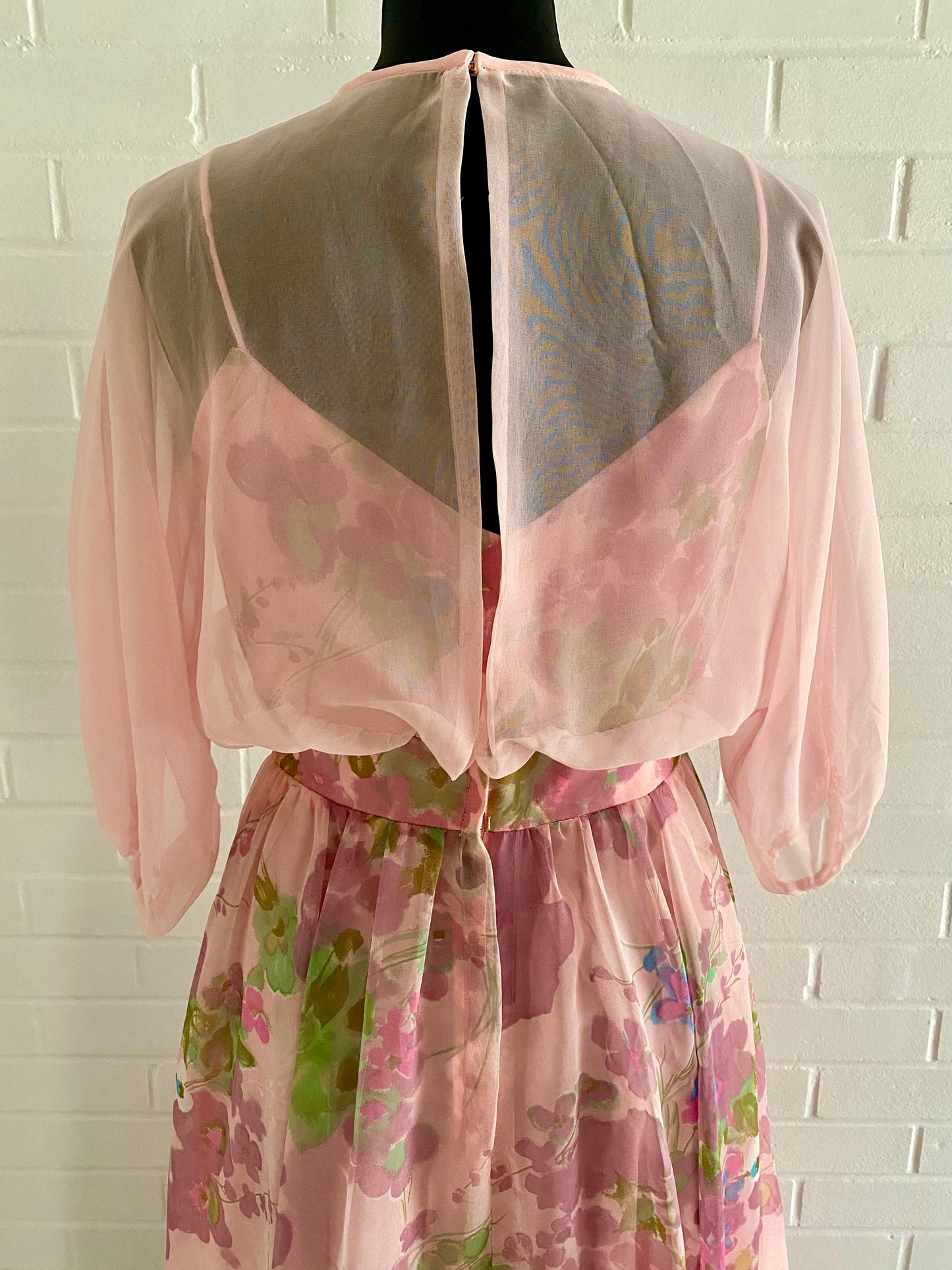 Late 60s/ Early 70s Flowered Organza & Chiffon Maxi Dress