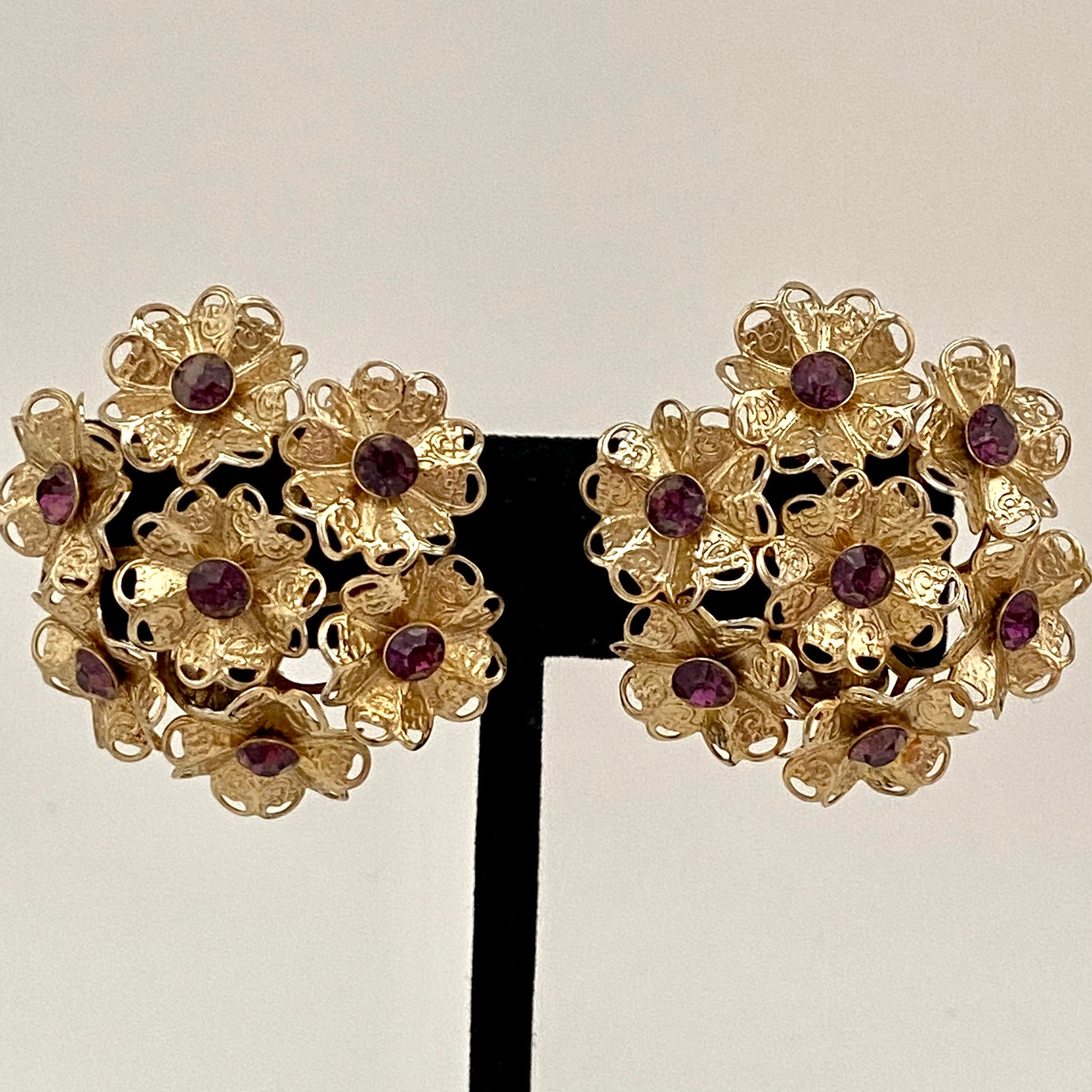 1960s Purple Rhinestone Flower Bouquet Earrings