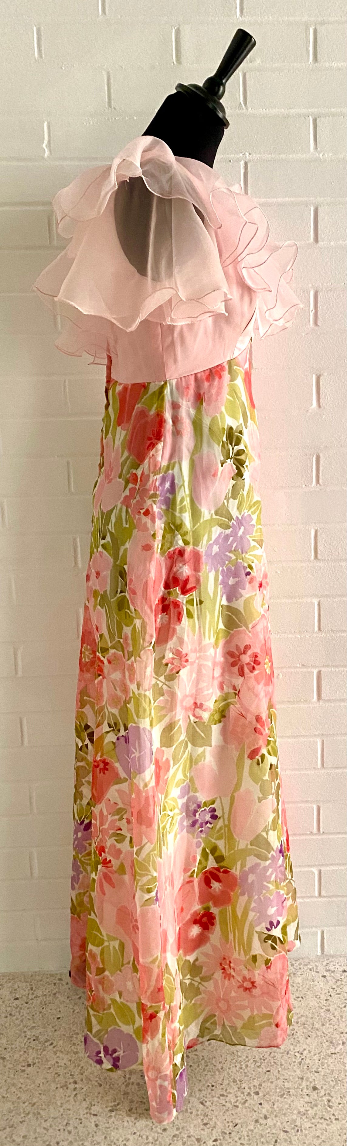 1960s Montgomery Ward Flocked Organza Maxi Dress