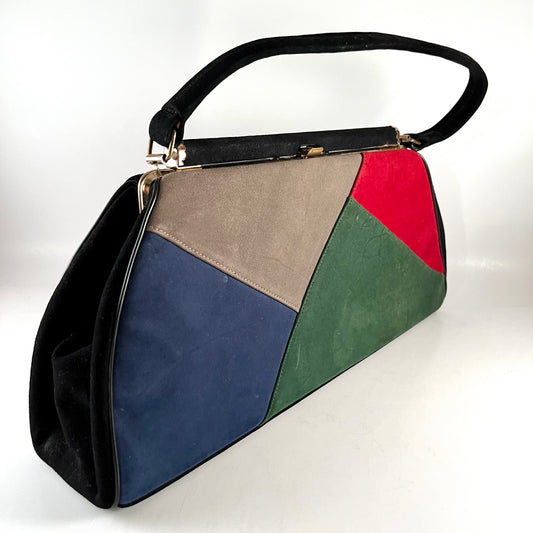 1960s Vintage Color Blocked Faux Suede Handbag