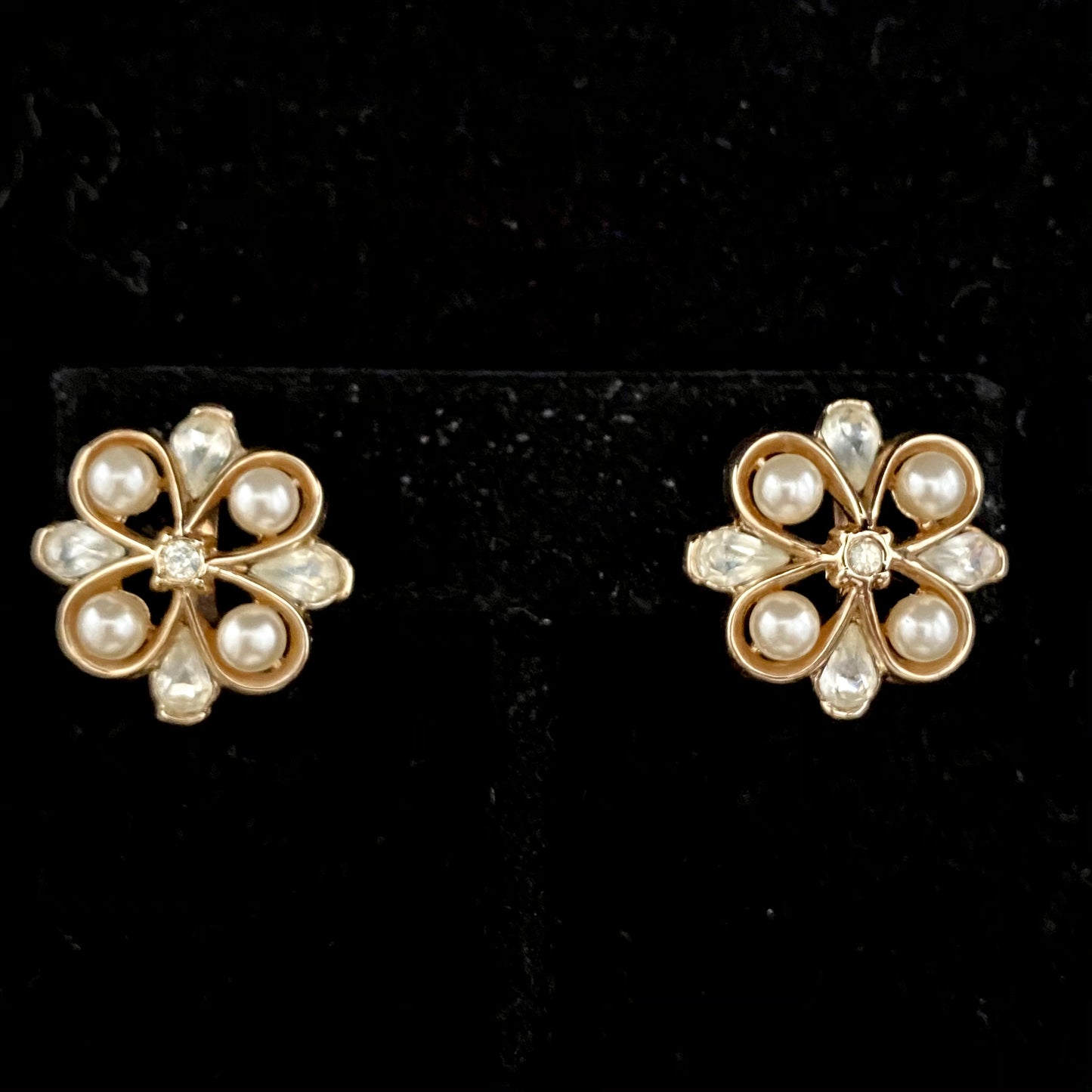 Late 50s/ Early 60s Crown Trifari Rhinestone & Pearl Earrings