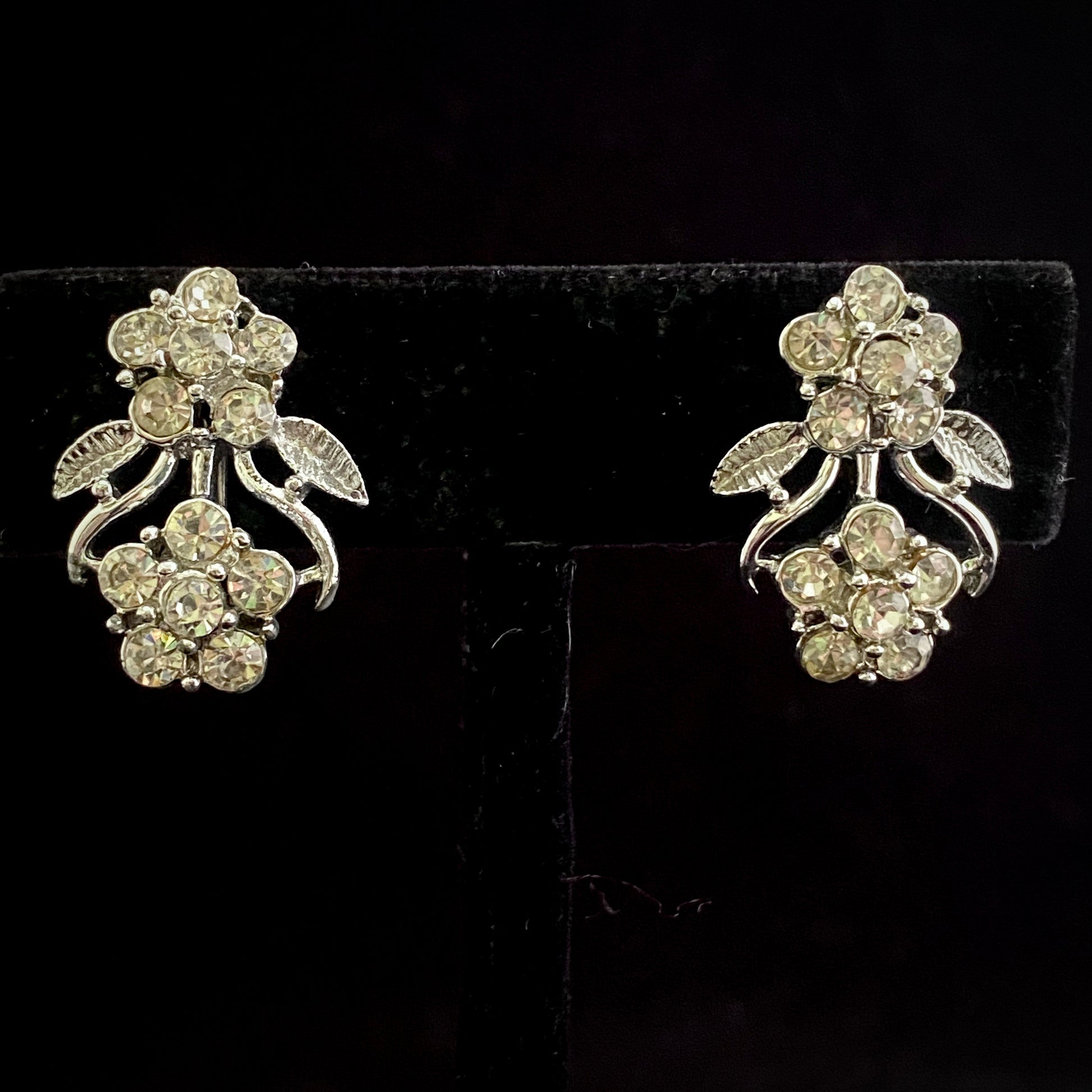 1960s Coro Silver Rhinestone Flower Earrings - Retro Kandy Vintage