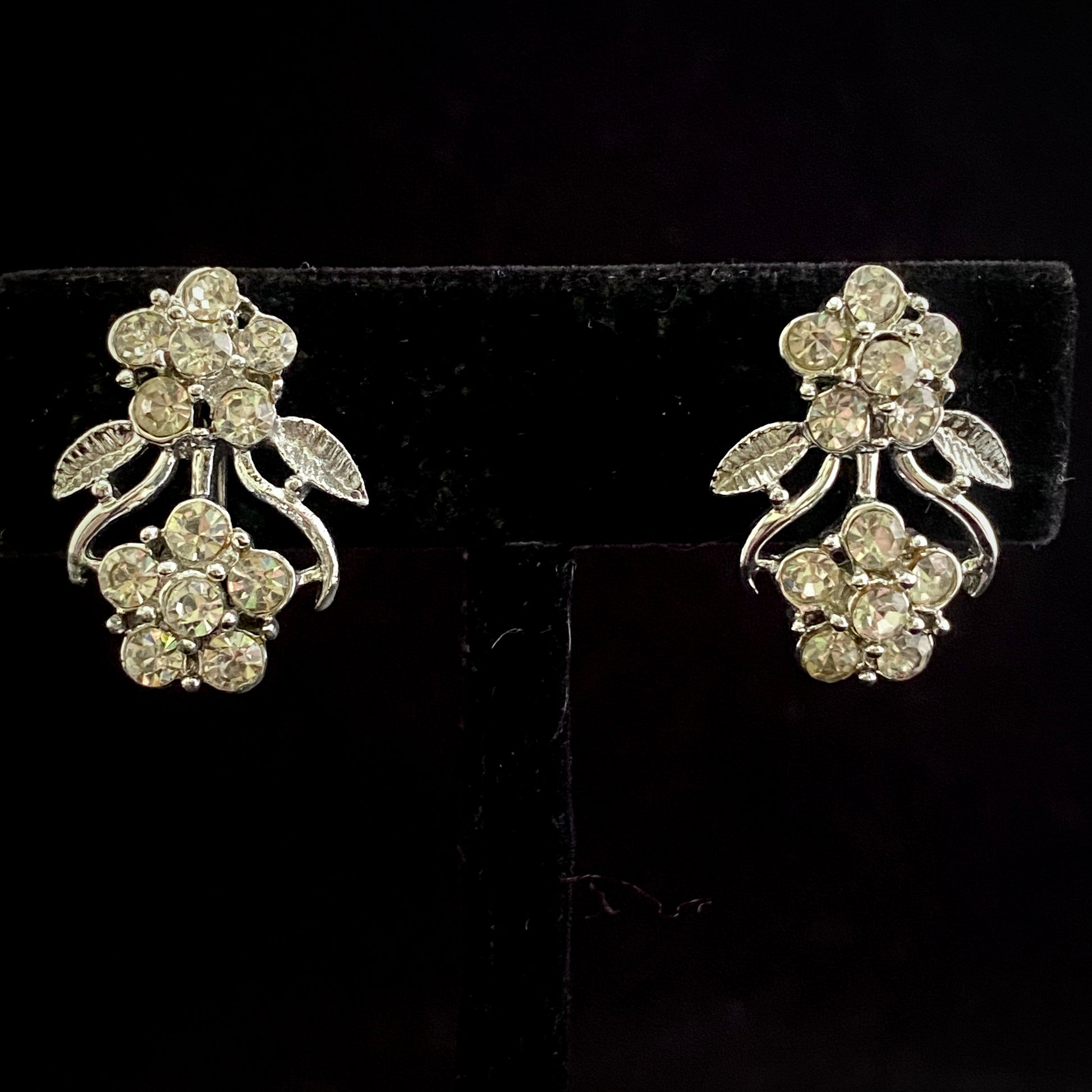 1960s Coro Silver Rhinestone Flower Earrings - Retro Kandy Vintage