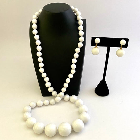 1960s White Bead Necklace & Earring Set