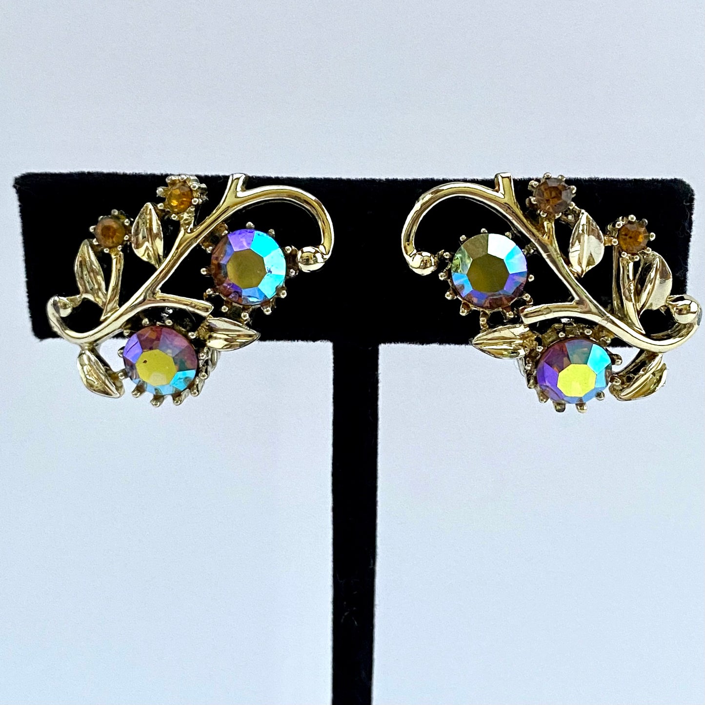 1950s Coro Aurora Borealis & Topaz Rhinestone Earrings
