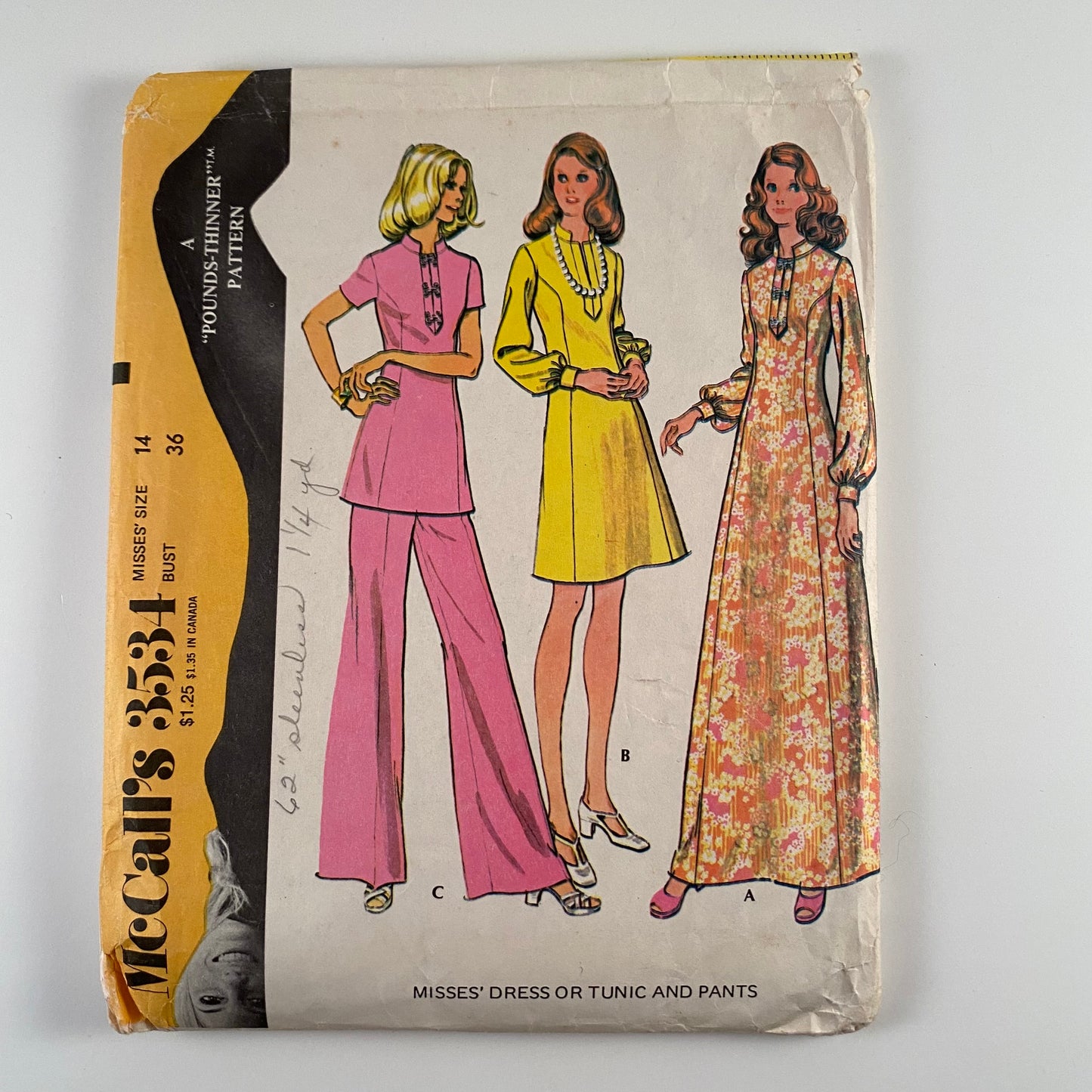 1960s McCall's Misses' Dress or Tunic & Pants Pattern 3534