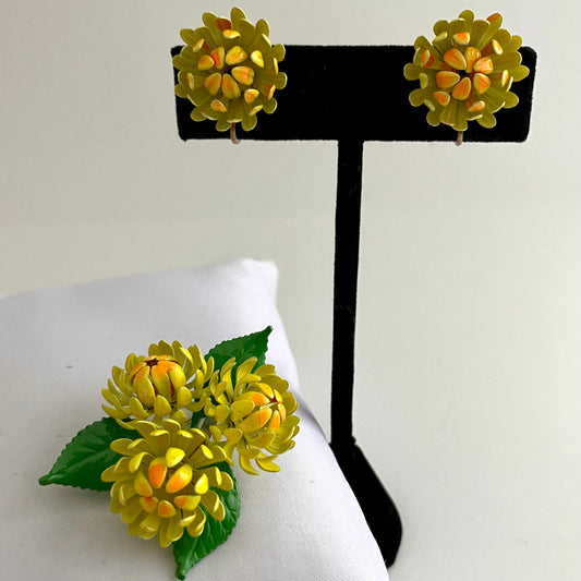 Late 60s/ Early 70's Enamel Flower Brooch & Matching Earrings