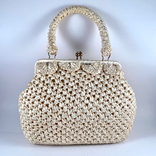 1960s Made In Japan Ivory Raffia Straw Purse