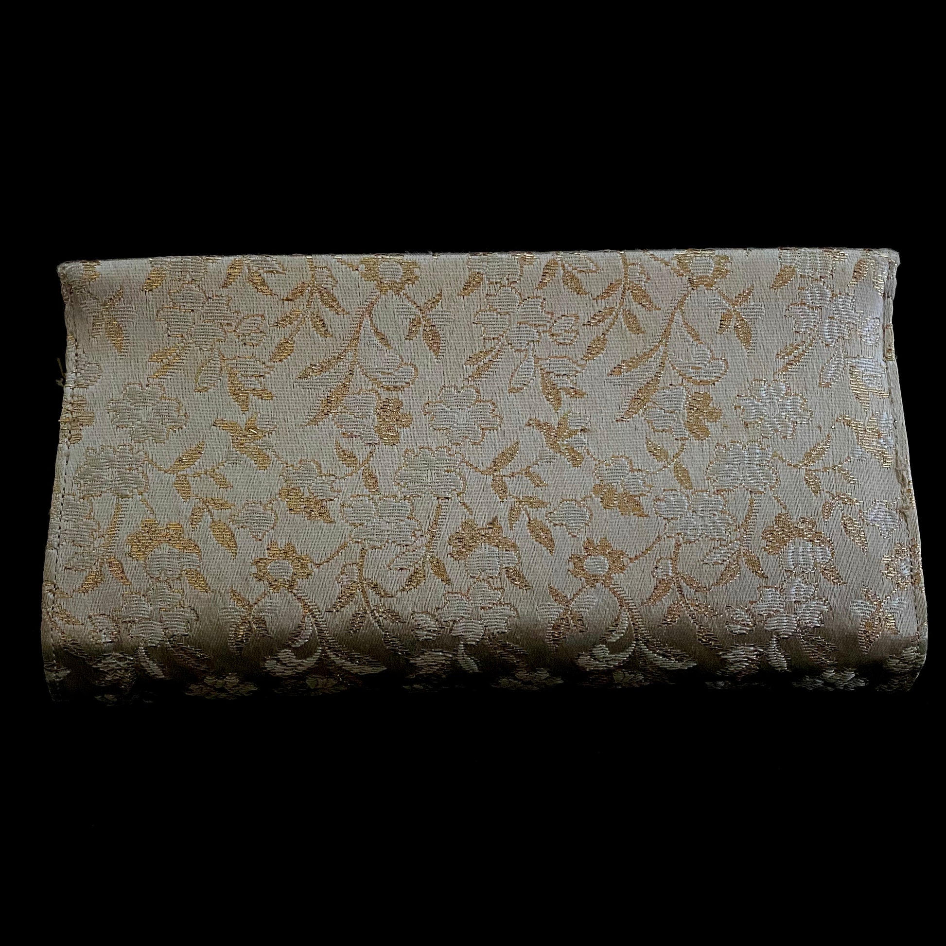1960s Gold & Ivory Jacquard Taffeta Fabric Clutch - Retro Kandy Vintage