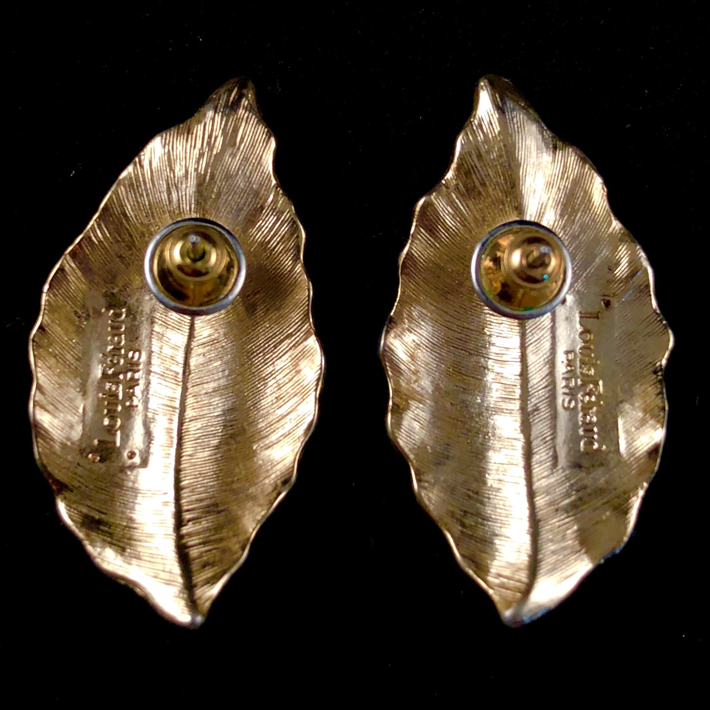 Vintage Louis Feraud Paris Earrings Gold Tone Leaf Design Signed , pierced.
