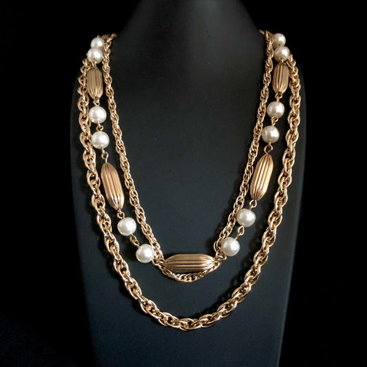 1960s Coro Gold & Pearl 3 Strand Necklace - Retro Kandy Vintage