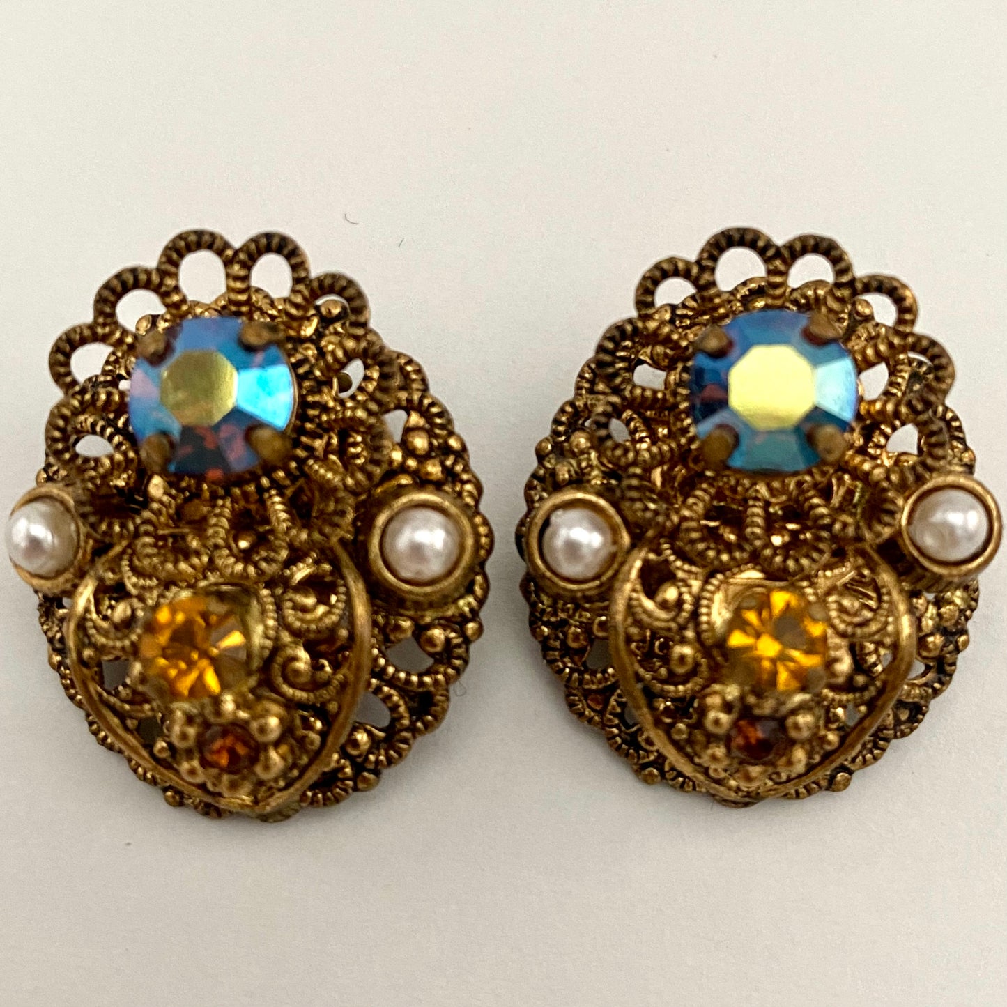 1960s West German Filigree & Rhinestone Earrings