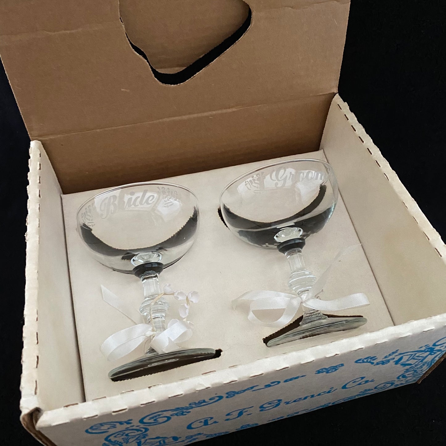 1950s Bride & Groom Champagne Glasses With Their Original Box