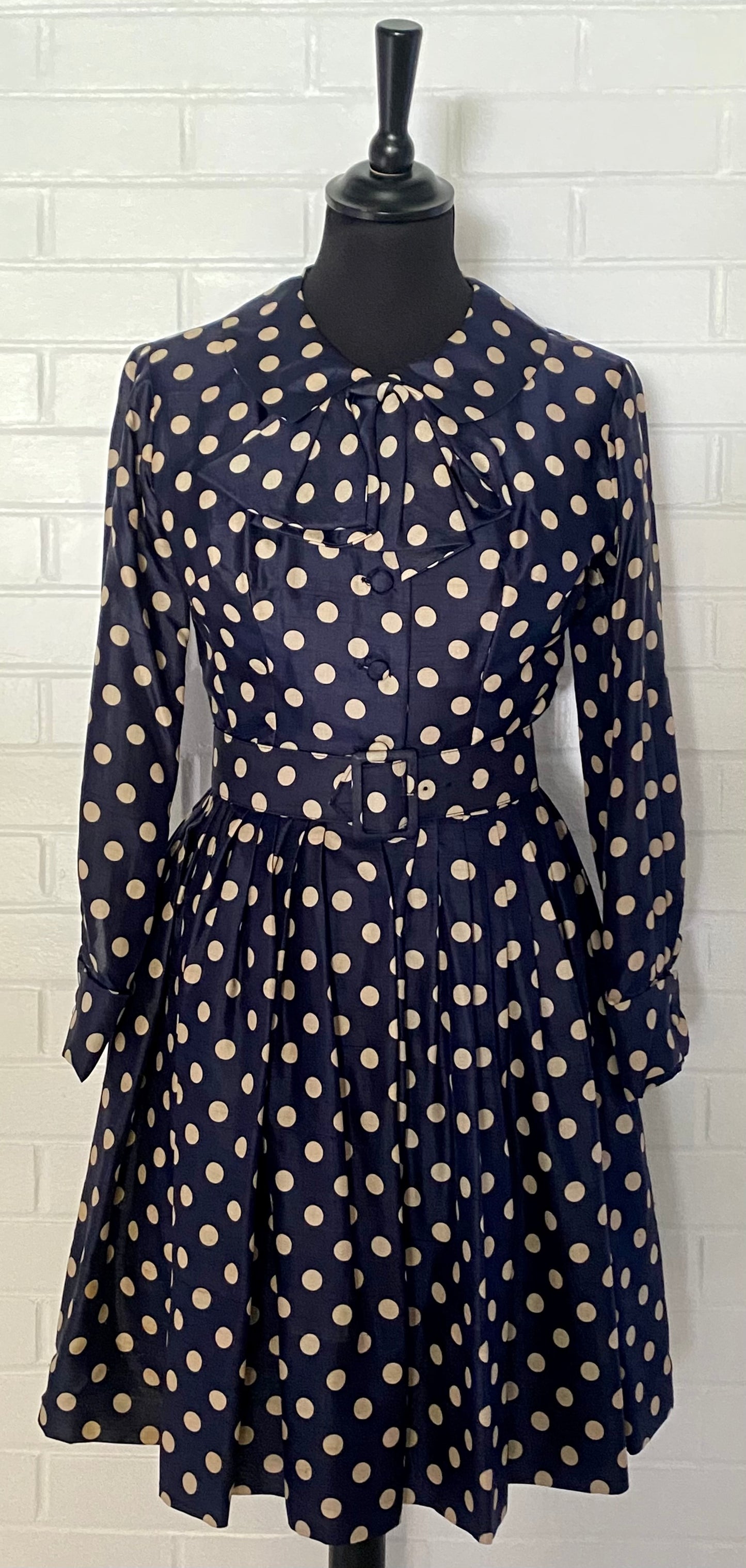 Late 50s/ Early 60s Navy & Tan Polka Dot Silk Dress