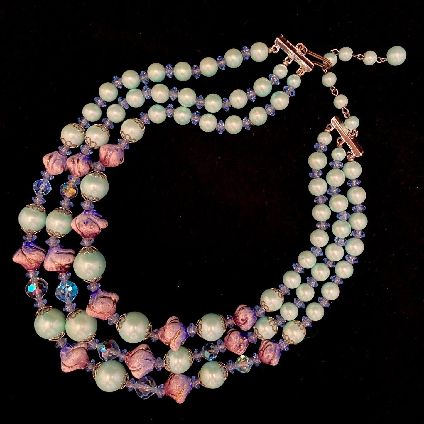 1960s 3 Strand Aqua Bead Necklace