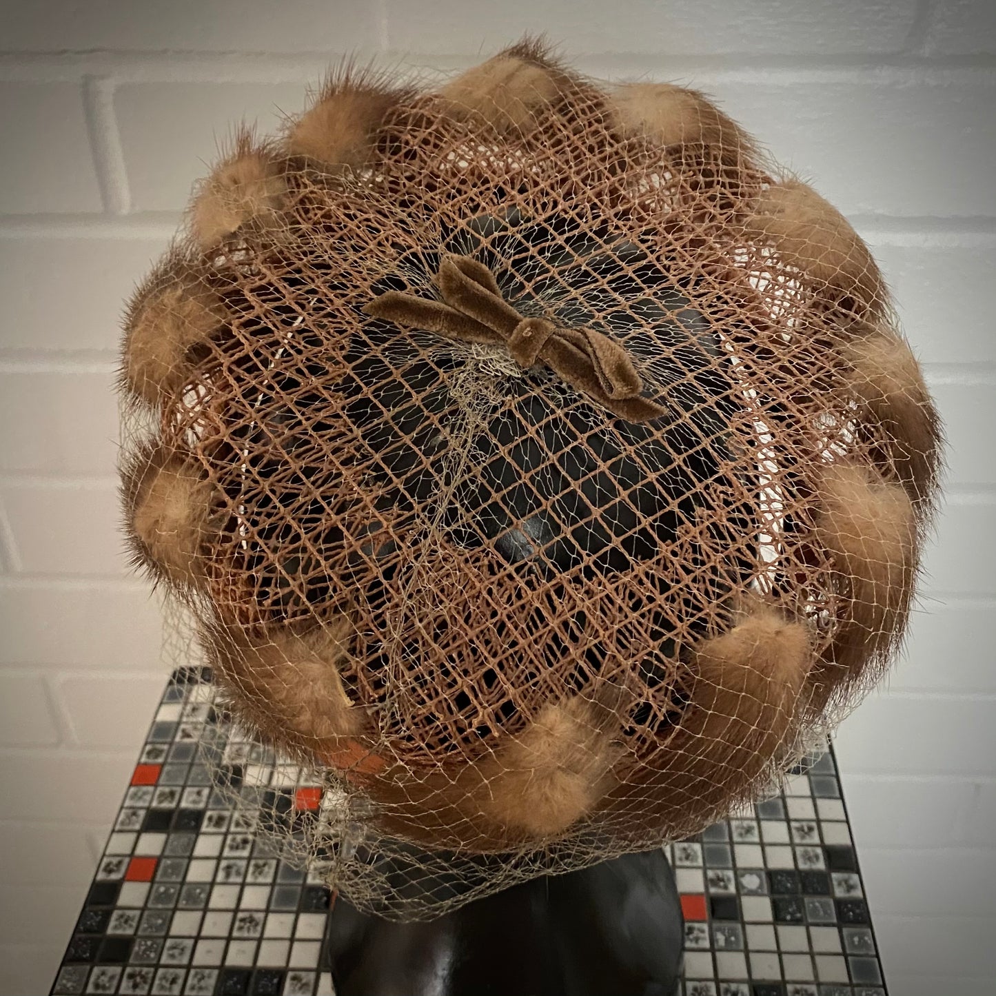 1950s Fur Embellished Pillbox Hat With Veil