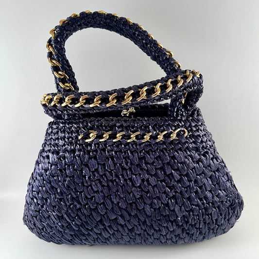 1960s Navy Raffia Straw Handbag