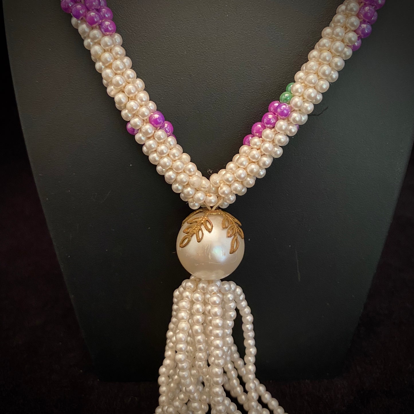 1960s Woven Pearl Bead Necklace With Tassel