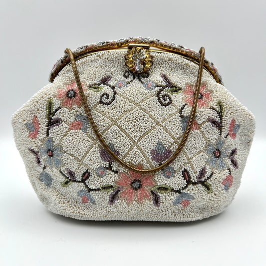 La Regale Evening Bag, White Beadwork, 1970s New Old Stock