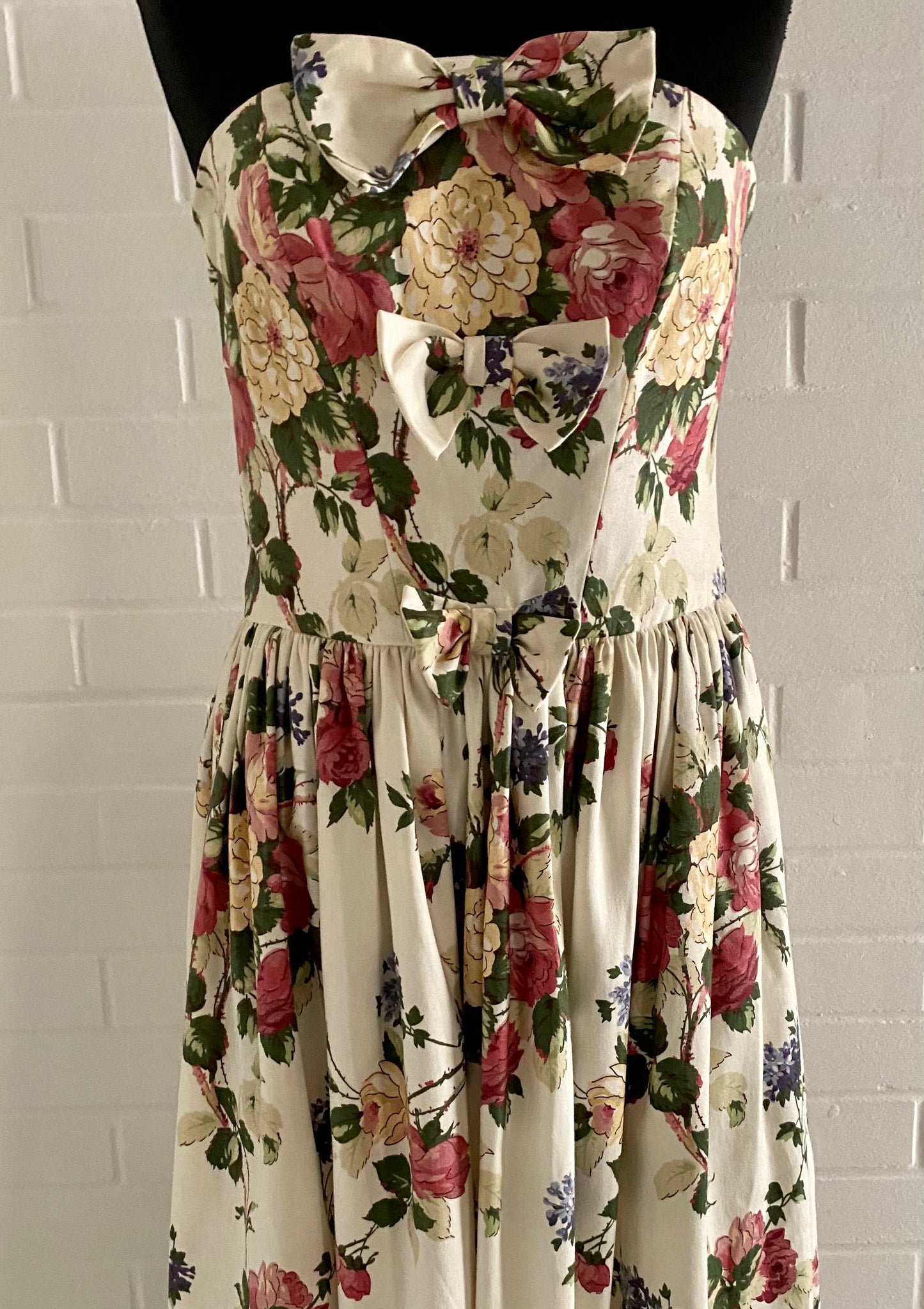 1980s S.G.Gilbert Strapless Flowered Dress