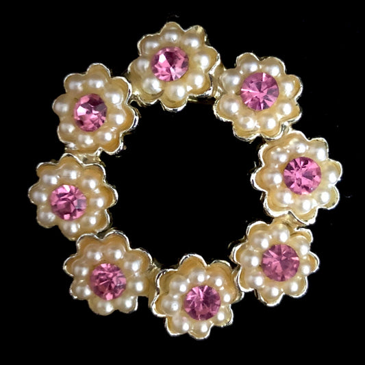 1960s Pink Rhinestone & Pearl Circle Pin - Retro Kandy Vintage