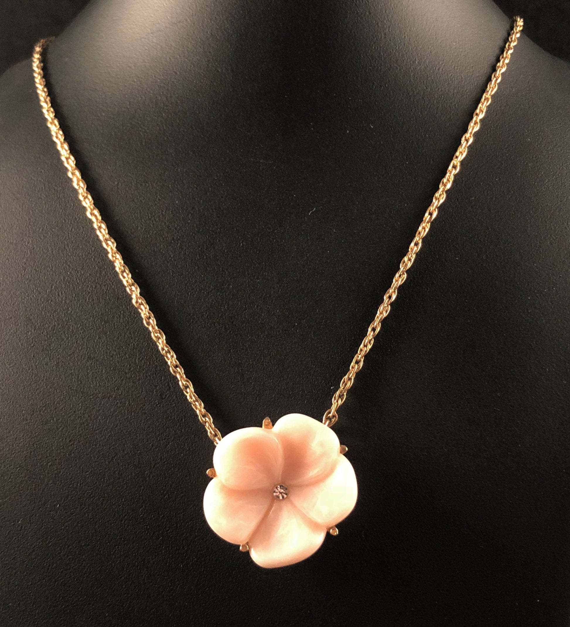 Vintage Avon Silver Tone Necklace With Pink Rhinestone Flower 