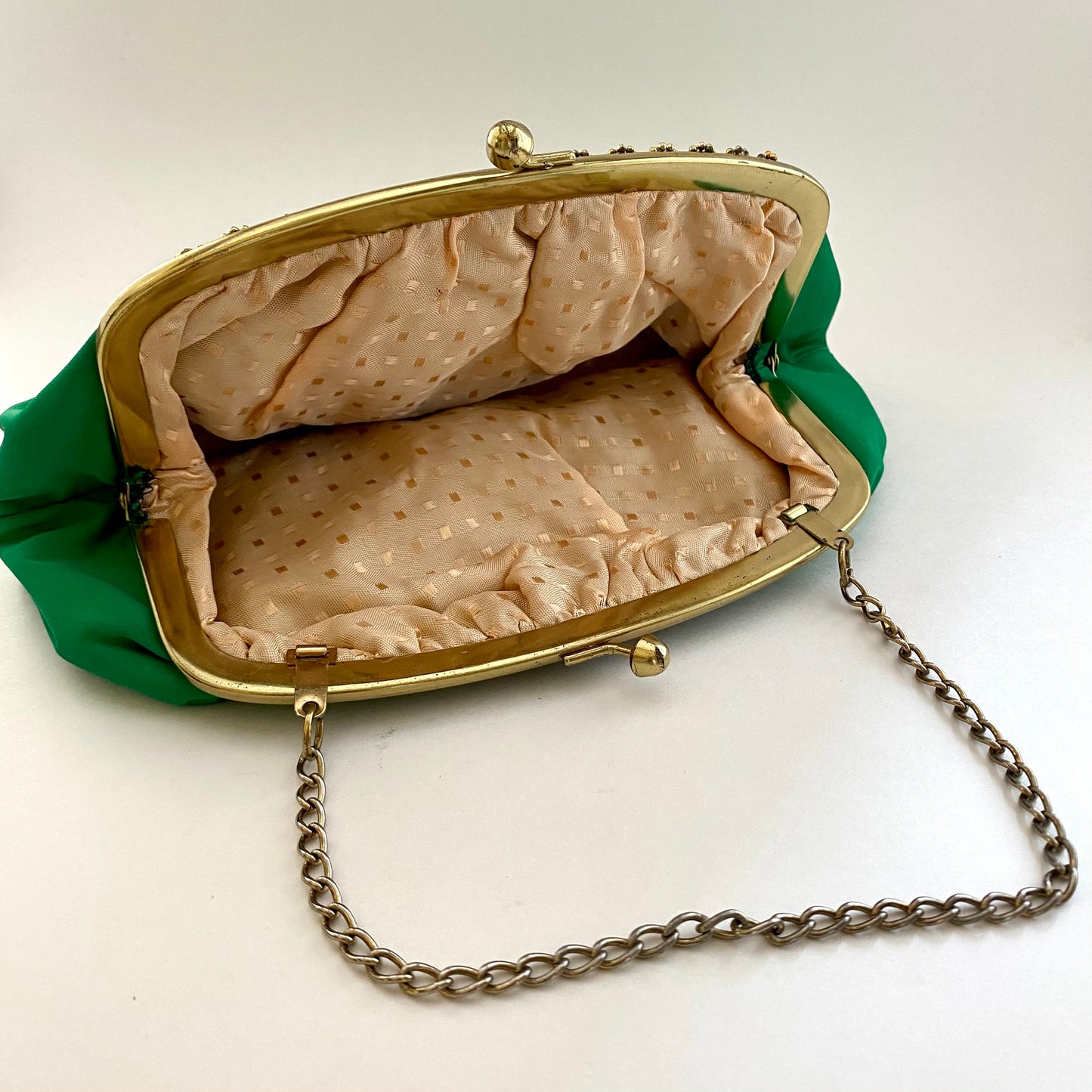 1960s Green Satin Taffeta Fabric Clutch