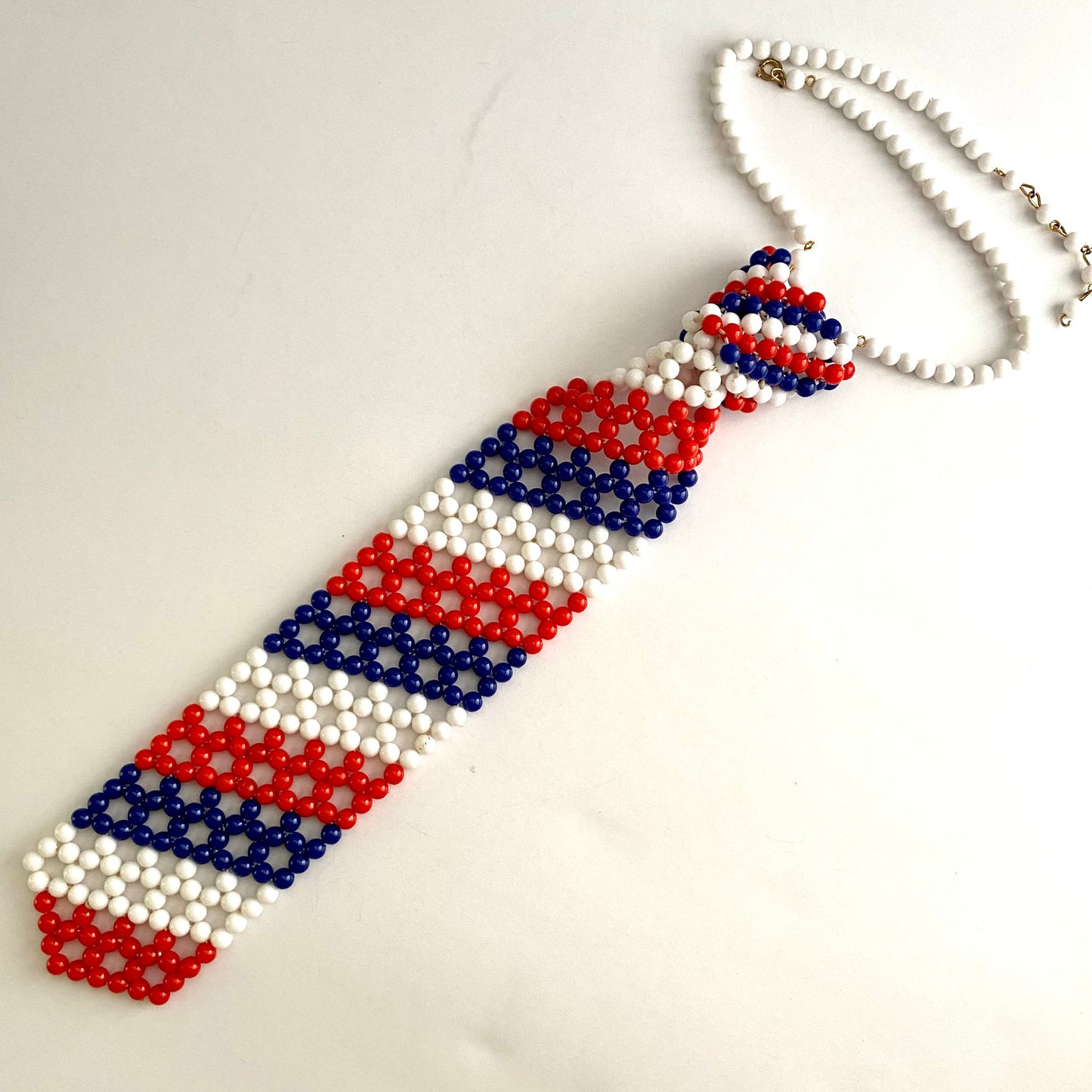 Late 60s/ Early 70s Red, White & Blue Beaded Necktie Necklace