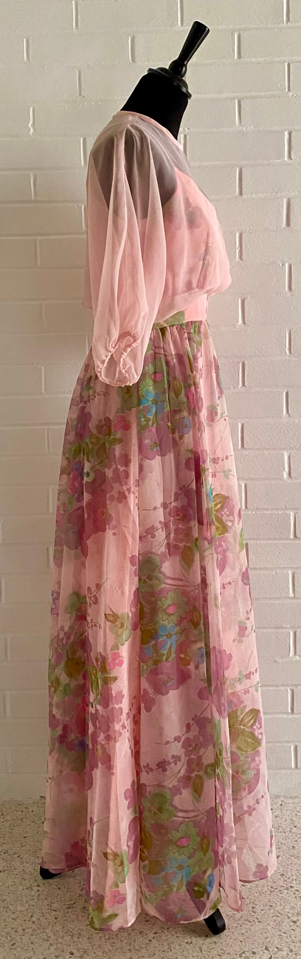 Late 60s/ Early 70s Flowered Organza & Chiffon Maxi Dress