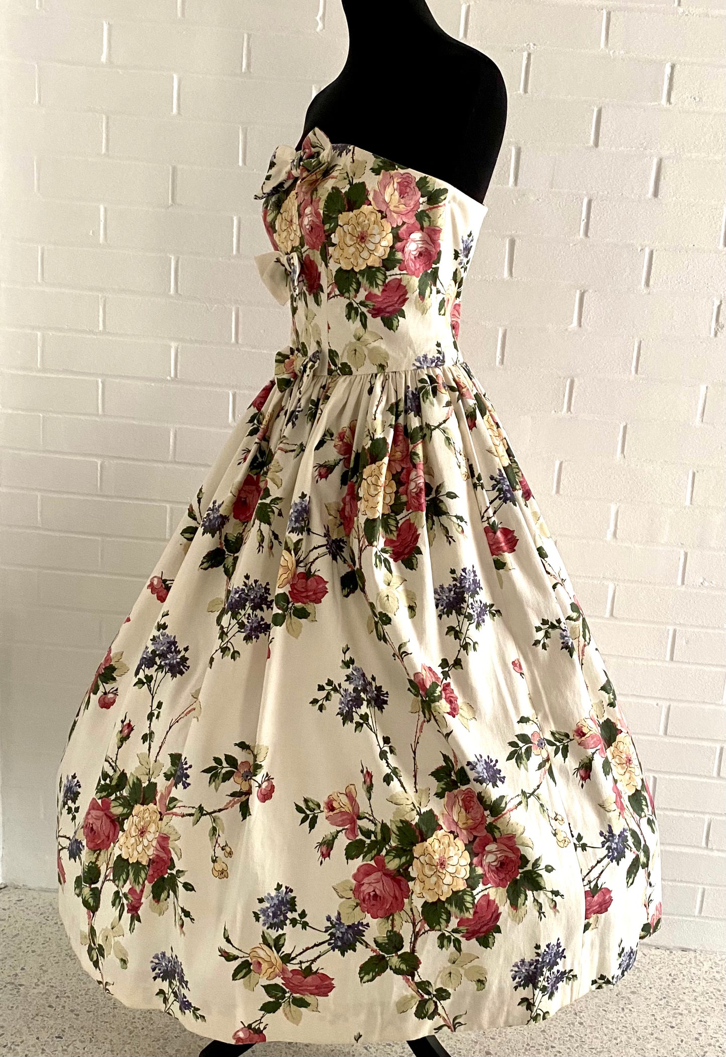 1980s S.G.Gilbert Strapless Flowered Dress