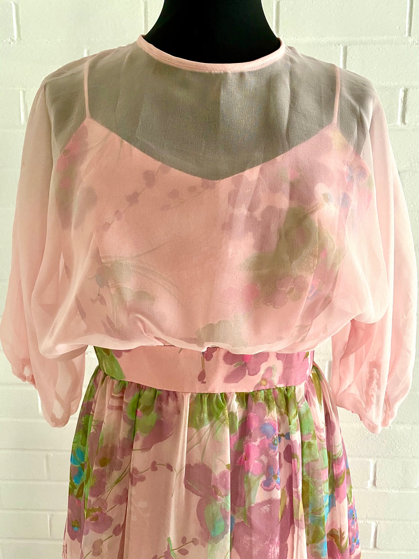 Late 60s/ Early 70s Flowered Organza & Chiffon Maxi Dress