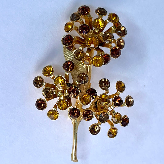 1960s Gold-Tone Amber Rhinestone Flower Brooch