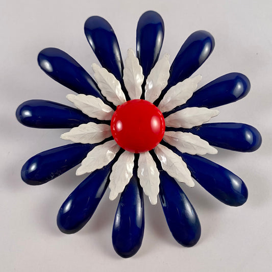 Late 60s/ Early 70s Large Red, White & Blue Enamel Flower Brooch