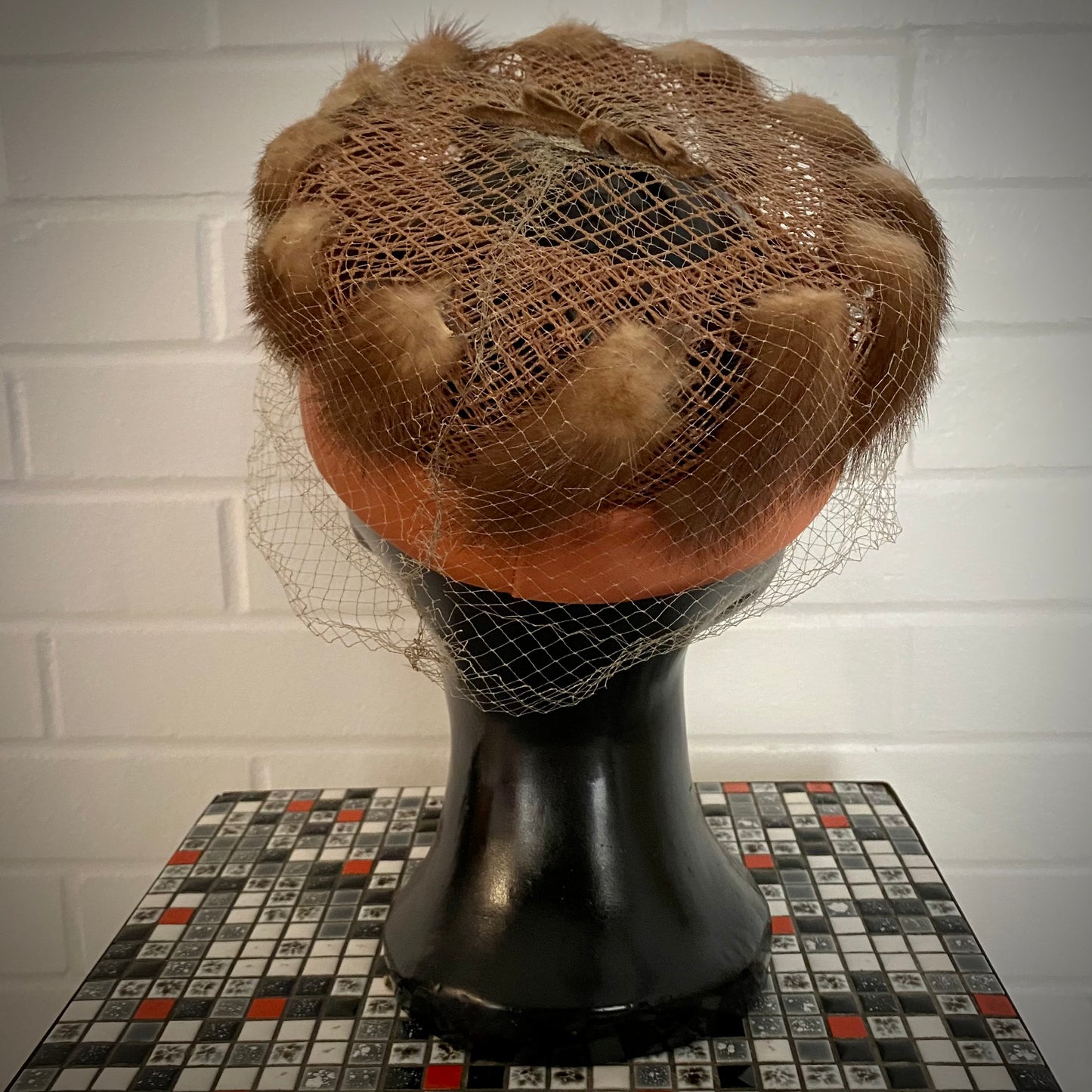 1950s Fur Embellished Pillbox Hat With Veil