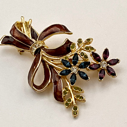 1990s Monet Floral Rhinestone & Enamel Brooch