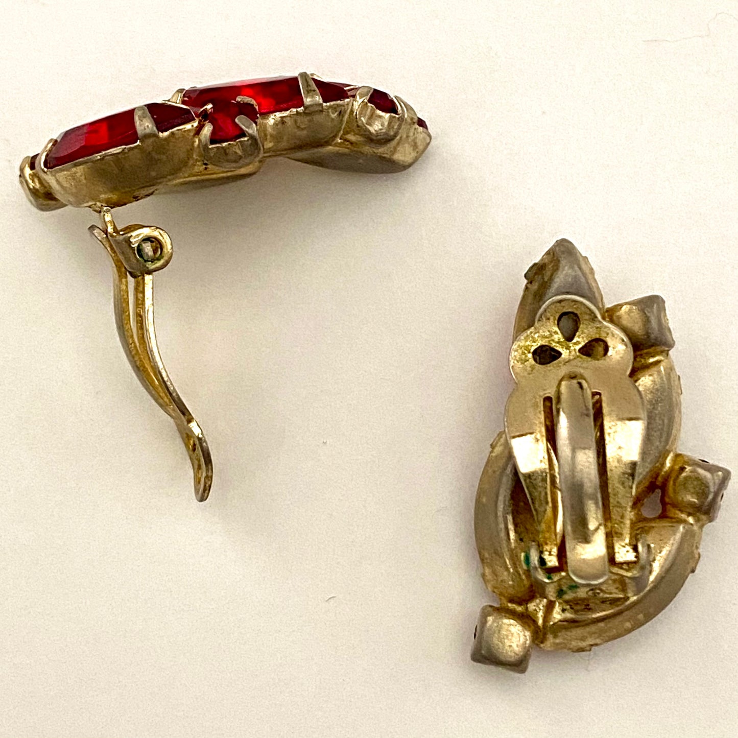 1950s Crescent Shape Red Rhinestone Earrings