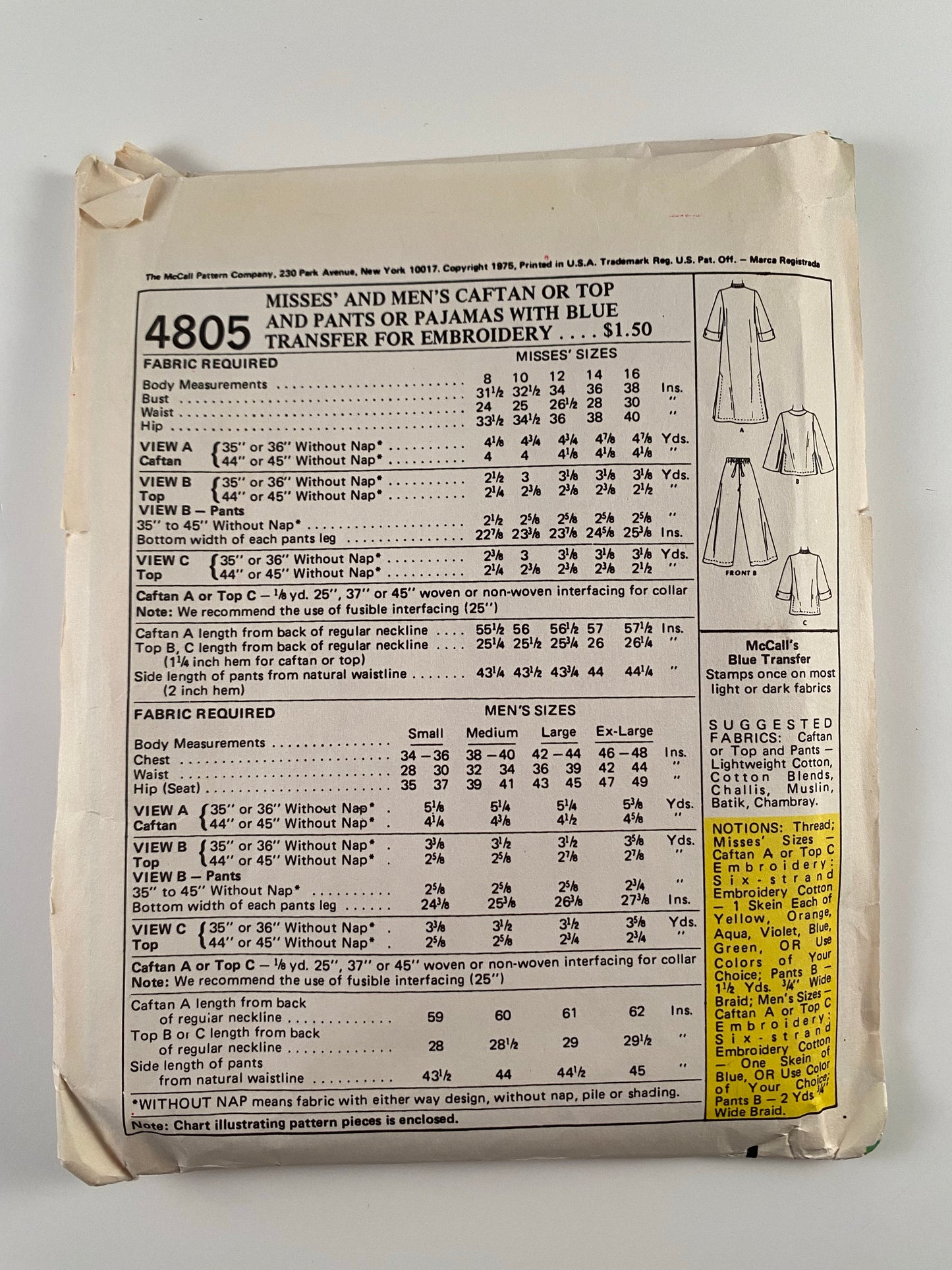 1970s McCall's Misses' & Men's Caftan/Separates Pattern 4805