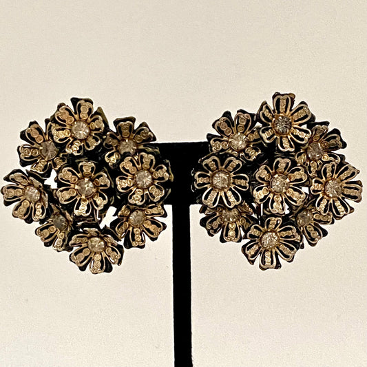 1960s Large Rhinestone Flower Bouquet Earrings