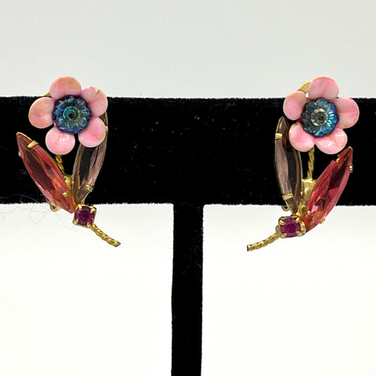 1960s Enamel & Rhinestone Flower Earrings
