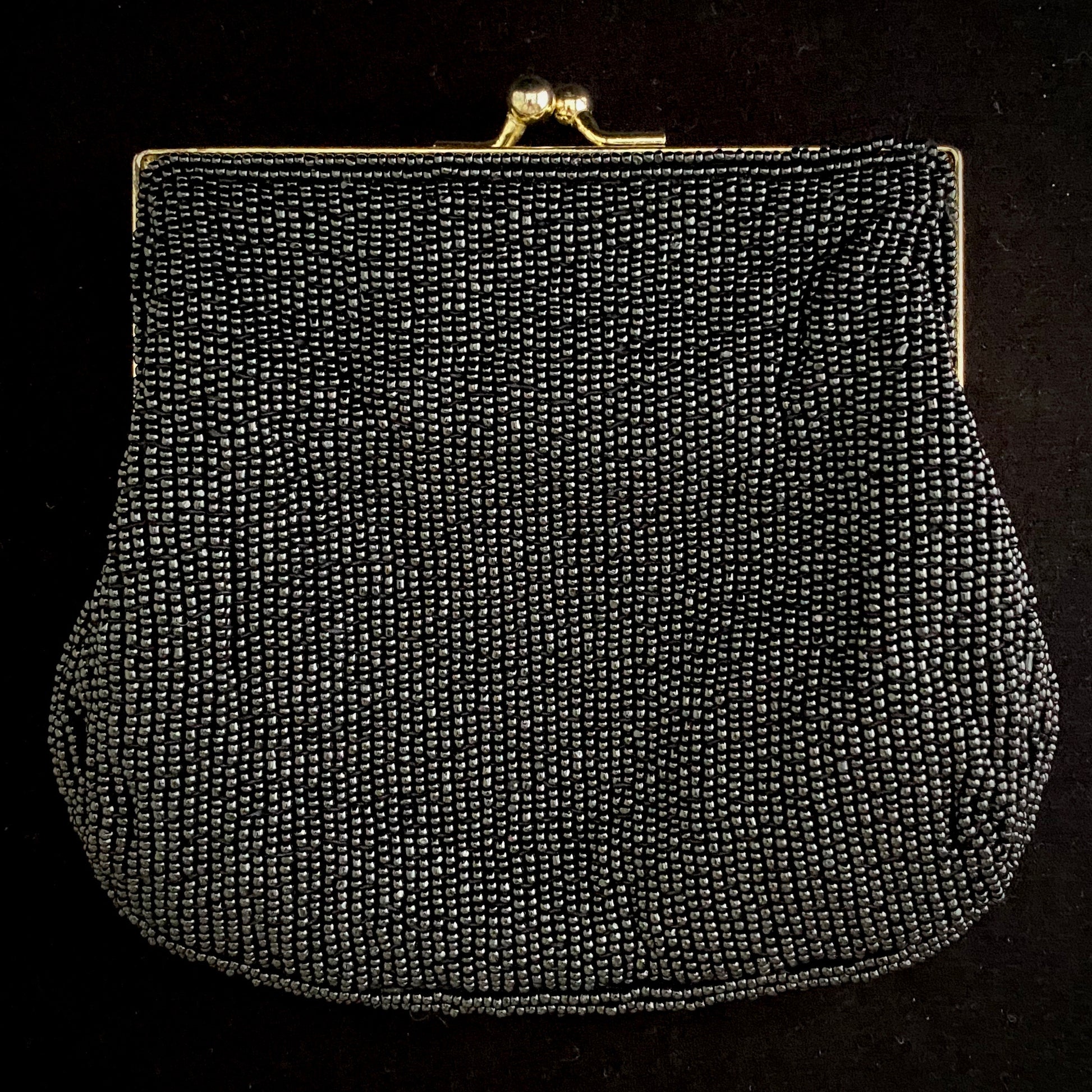 Vintage Small Black Beaded Evening Purse, 1980s Wrist Bag La Regale