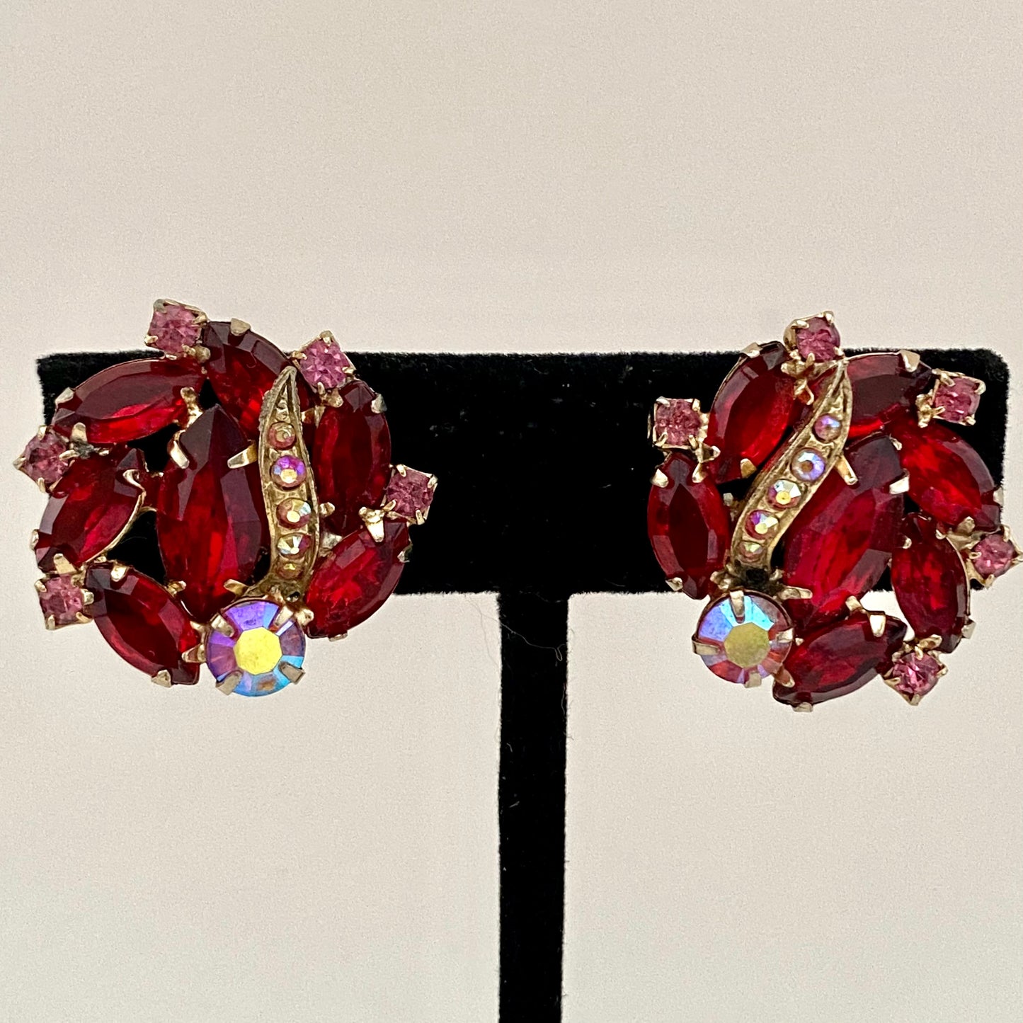 1950s Red Marquise Rhinestone Earrings